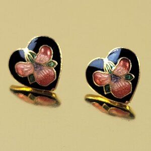 Vintage Enamel Cloisonne Heart Stud Earrings Gold-Tone  Multicolor Pierced 14 mm